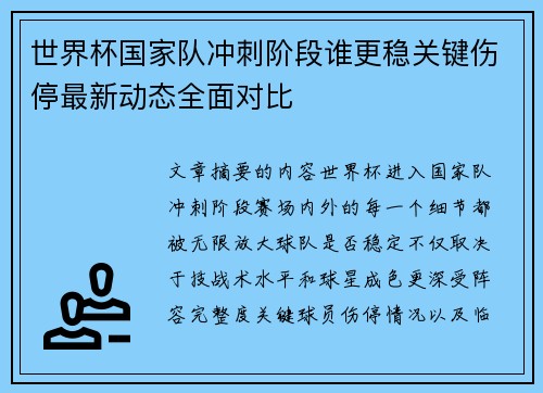 世界杯国家队冲刺阶段谁更稳关键伤停最新动态全面对比 世界杯国家队冲刺阶段谁更稳关键伤停最新动态全面对比