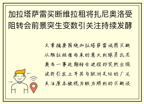 加拉塔萨雷买断维拉租将扎尼奥洛受阻转会前景突生变数引关注持续发酵 加拉塔萨雷买断维拉租将扎尼奥洛受阻转会前景突生变数引关注持续发酵
